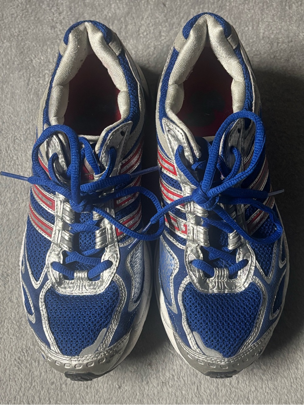 White and Blue Athletic Sneaker with Red Insole